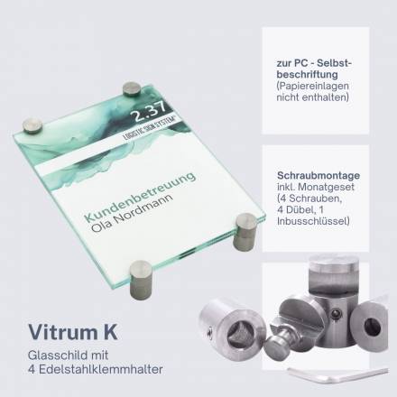 Türschild VITRUM K , Glasschild, Büroschild, Doppelglasschild